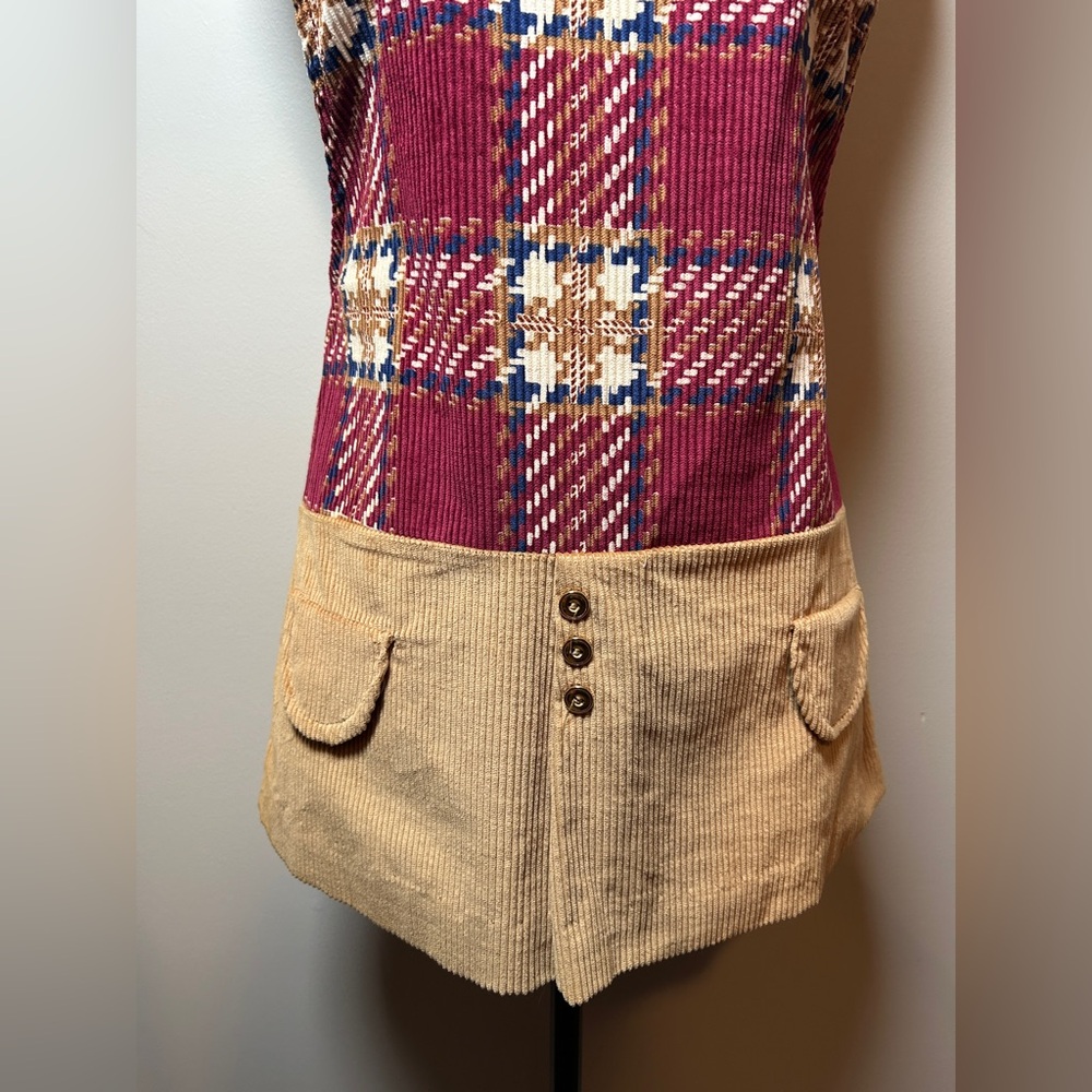 Vintage 70s Plaid Corduroy Jumper Dress Mod Patchwork Mini Deadstock - Picture 5 of 8
